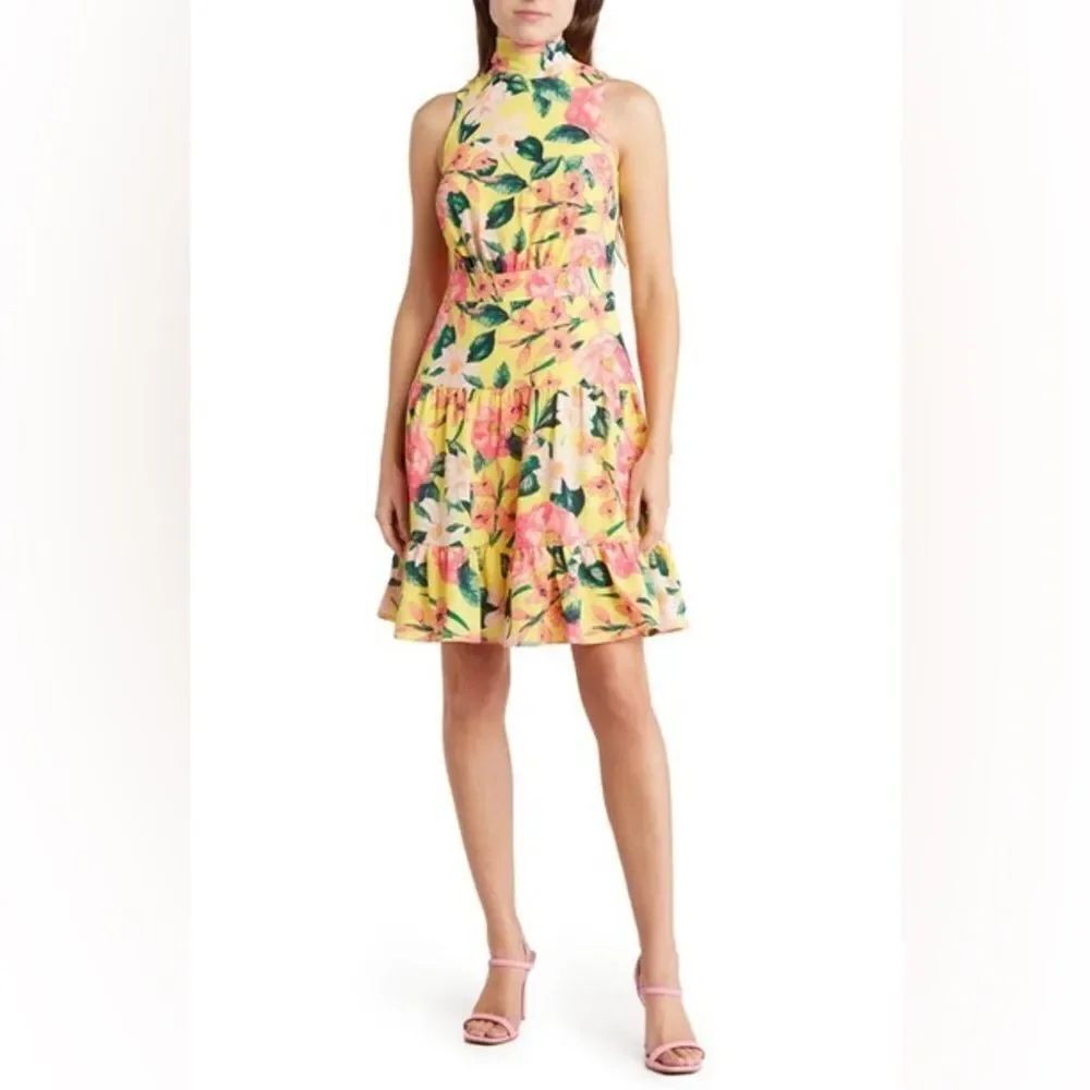 NWT-ELIZA J-Floral Mock Neck Minidress In Yellow- Size 16W